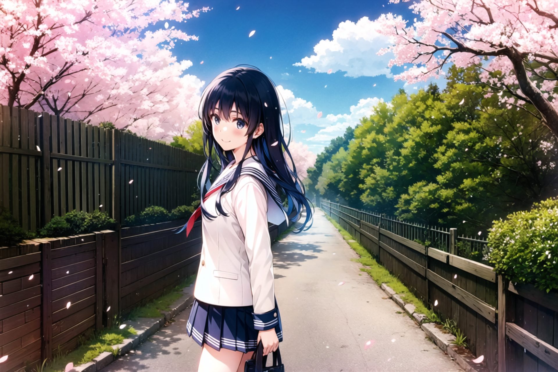 03528-3531881548-MisakiKurehito,1girl, solo, cherry blossoms, school uniform,  outdoors, tree, serafuku, skirt, railing, long hair, looking at vi.png